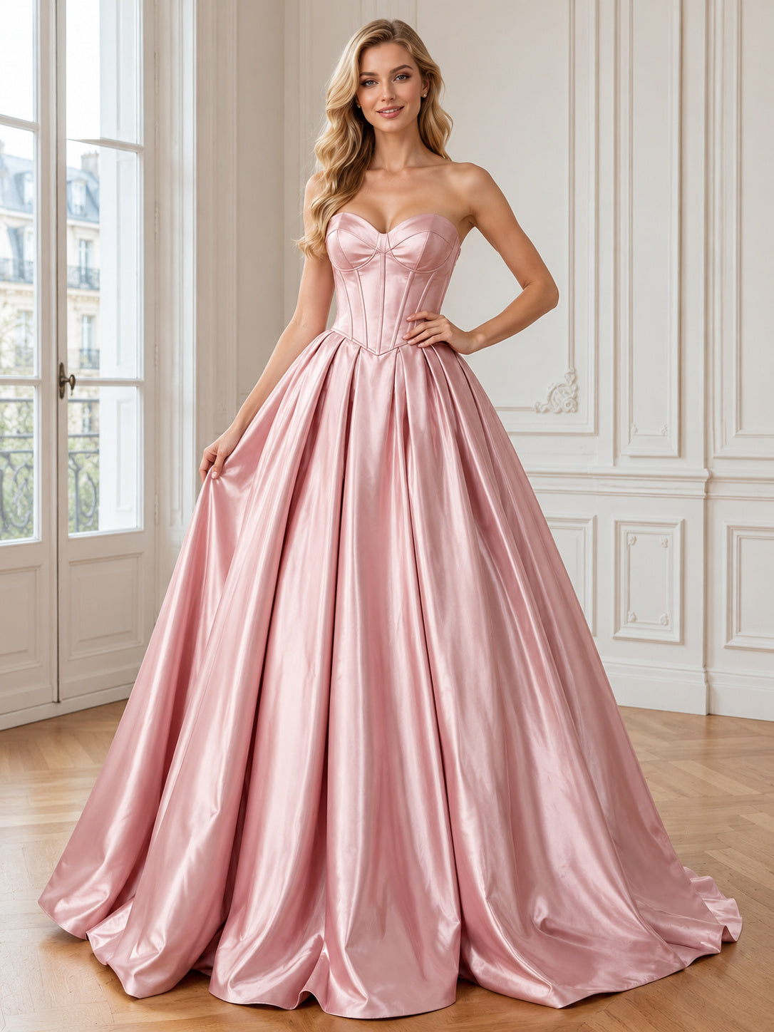 Luxury Dusty Rose Satin Prom Ball Gown Floor Length Strapless Corset Dress front view