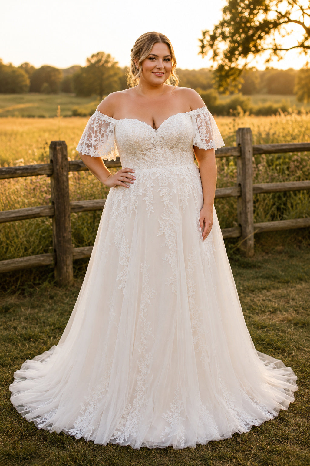 Plus Size Ivory Off-the-Shoulder Sweetheart Flutter Sleeve Lace Tulle A-Line Wedding Dress with Flutter Sleeves and Lace Swee