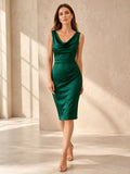 Dark Green Draped V-Neck Sheath Cocktail Dress front view