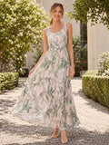 Soft Botanical Leaf Print Sleeveless Garden Maxi Dress front view