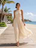 Champagne halter gathered chiffon oceanfront guest maxi dress front view