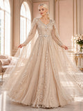 Luxury Champagne High Neck Long Illusion Sleeve Beaded Tulle Cape Ball Gown Floor Length Evening Dress front view