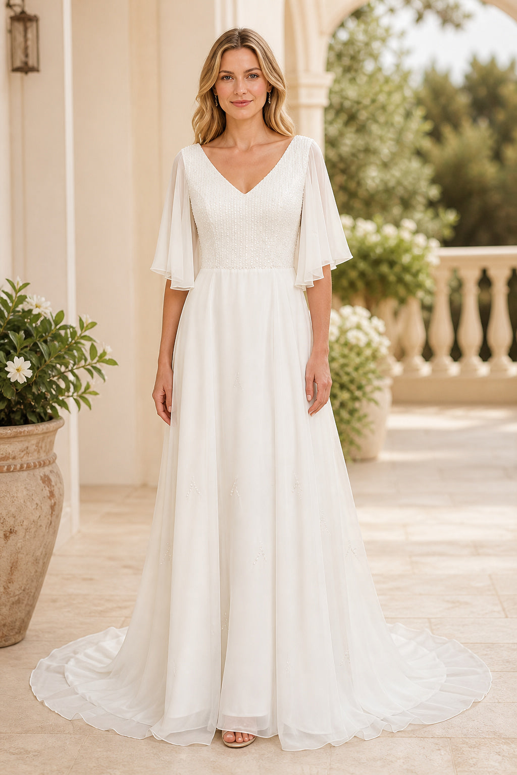 White V-neck Long Sleeves A-Line Satin Floor-length Wedding Dress With Sweep Train and Open Back