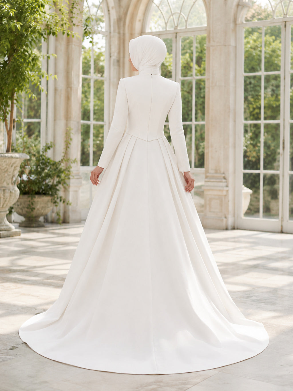 Modest Muslim Long Sleeve High Neck Mikado A-Line Wedding Dress back view