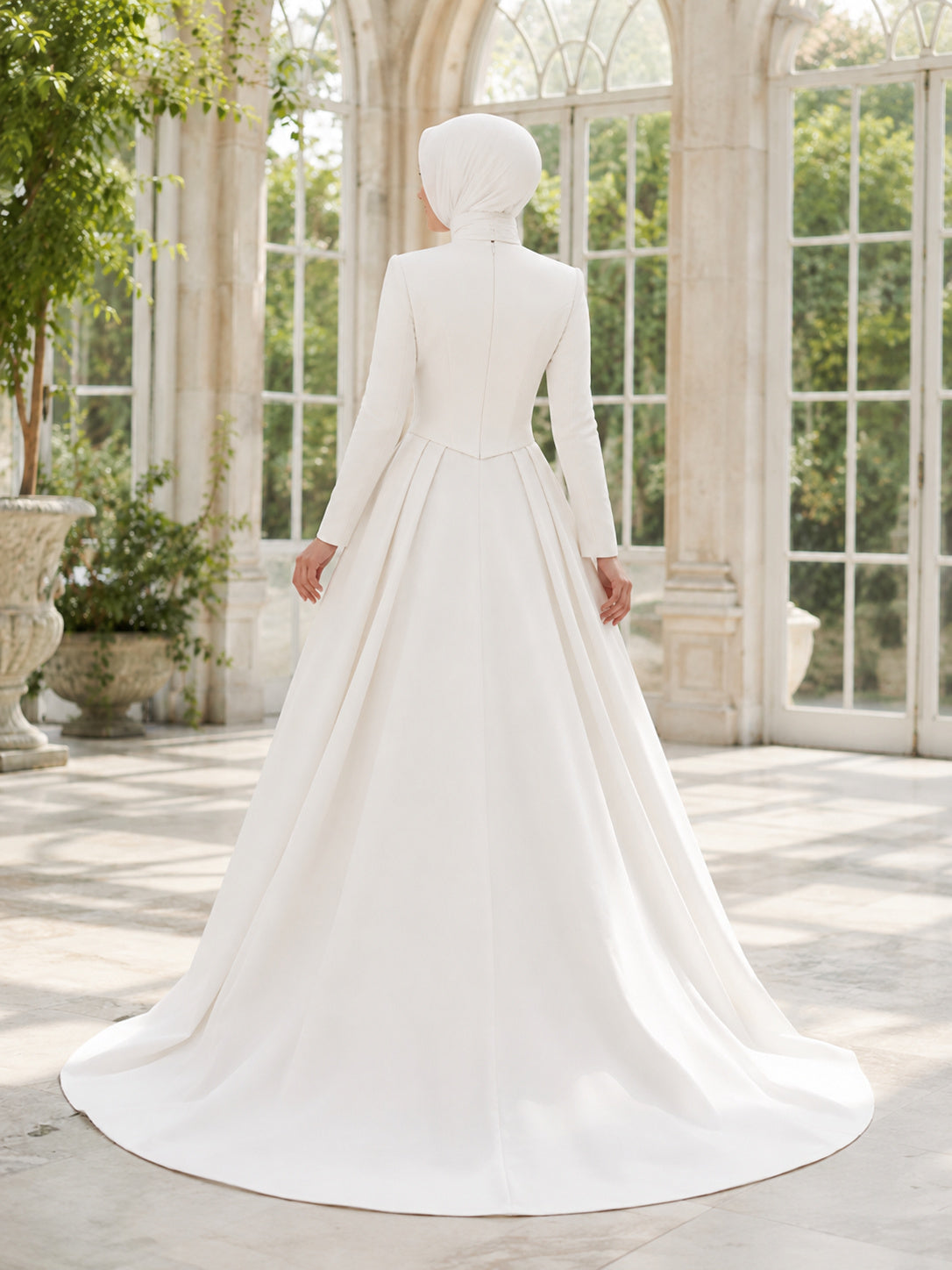 Modest Muslim Long Sleeve High Neck Mikado A-Line Wedding Dress back view