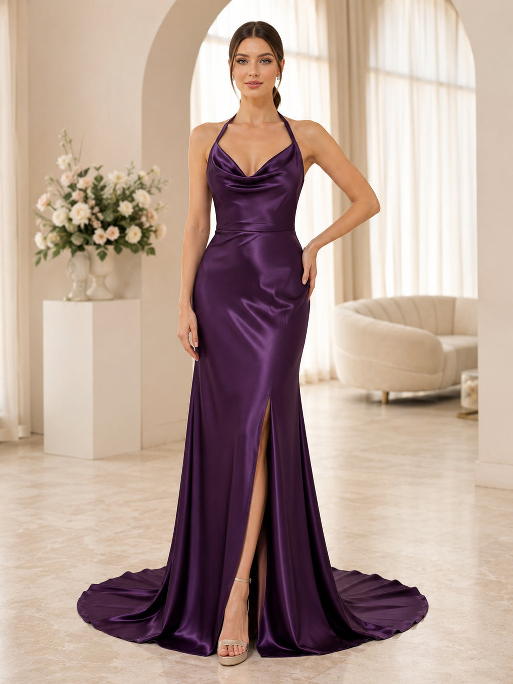 Grape Halter Cowl Backless Split Front Satin Sheath Wedding Gown front view