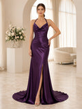 Grape Halter Cowl Backless Split Front Satin Sheath Wedding Gown front view