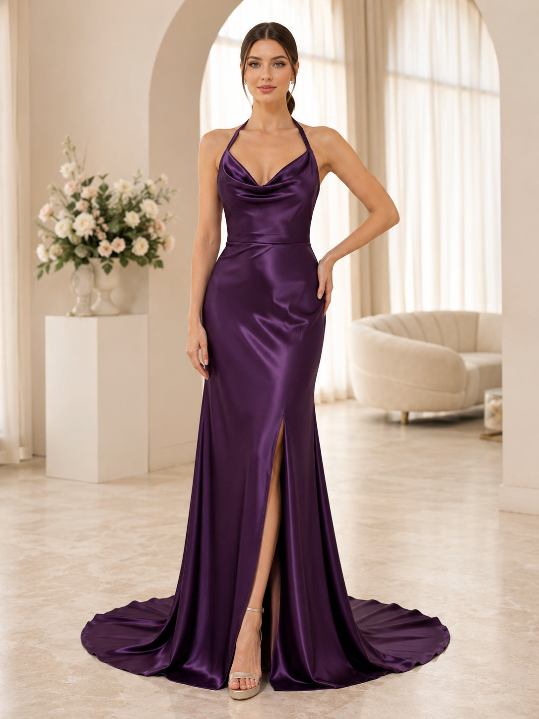 Grape Halter Cowl Backless Split Front Satin Sheath Wedding Gown front view