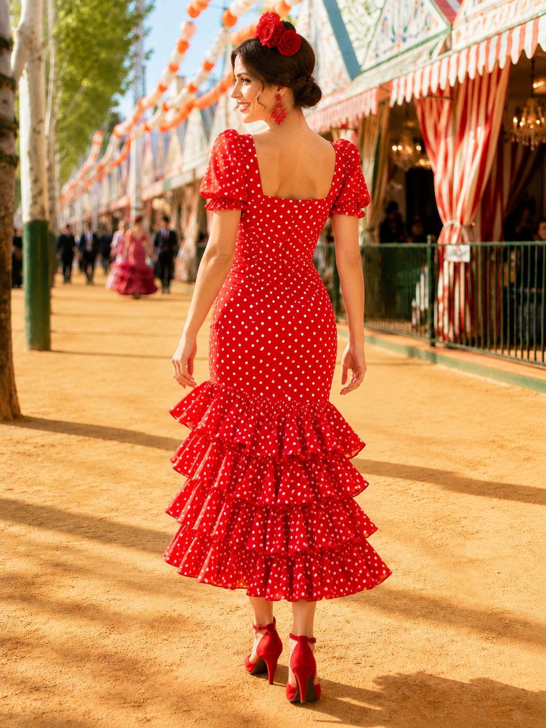 Red White Polka Dot Square Neck Puff Sleeve Tiered Mermaid High Low Feria Midi Dress back view