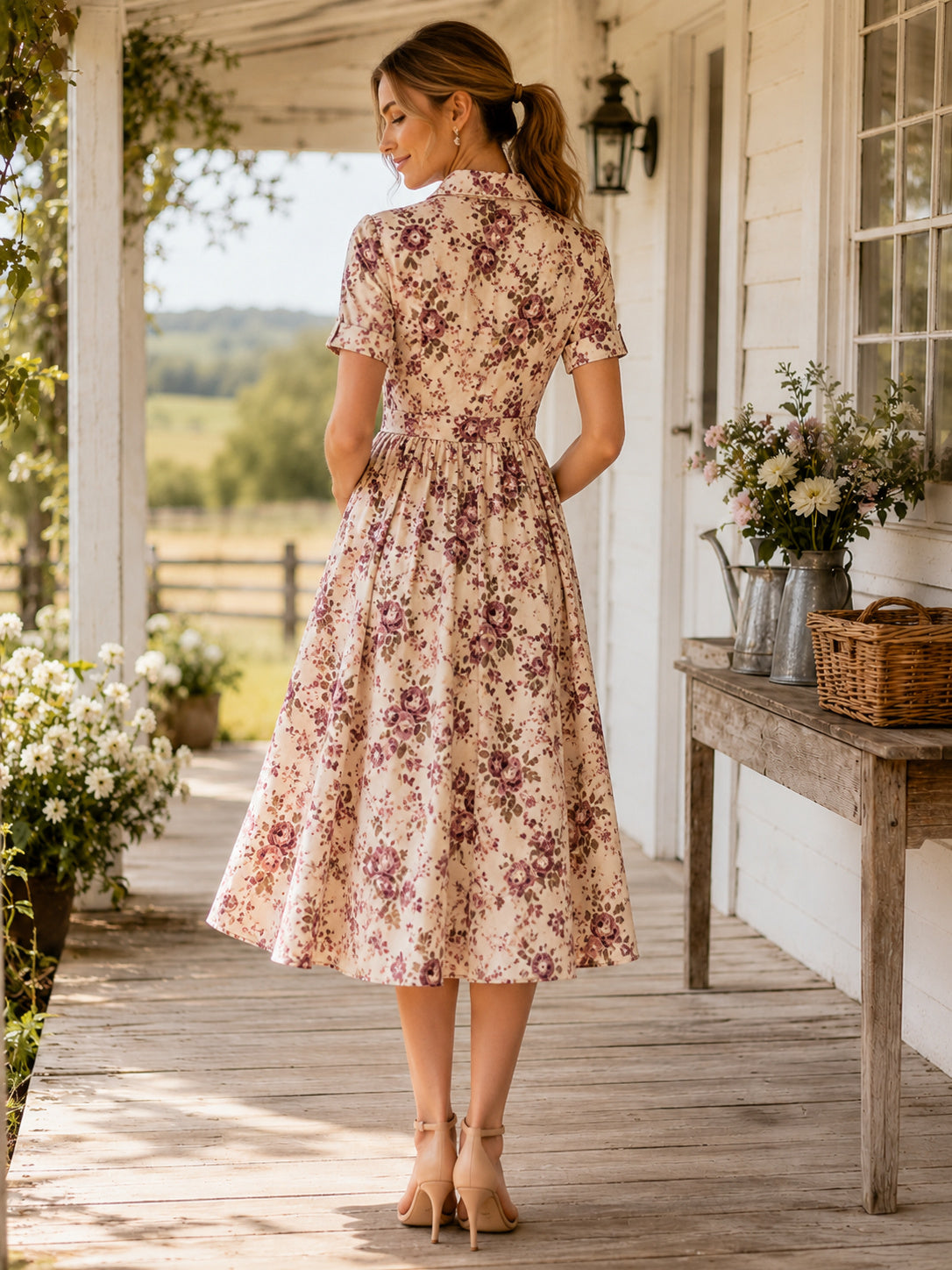 Vintage Rose Print Collared Short Sleeve Midi Dress back view