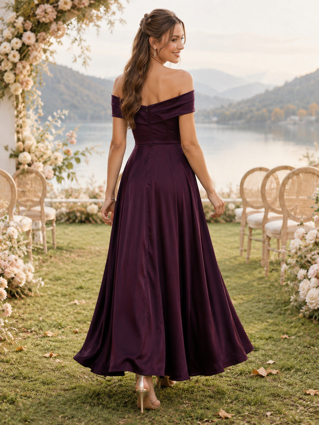 Plum Off Shoulder Ruched Satin A Line Ankle Guest Dress back view