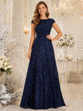 Dark Navy Bateau Cap Sleeve Sequin Floor Length Guest Dress front view