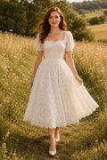 Ivory Square Neck Puff Sleeve Lace Tulle Tea-Length Wedding Dress with Puff Sleeves and Lace Midi Skirt front view