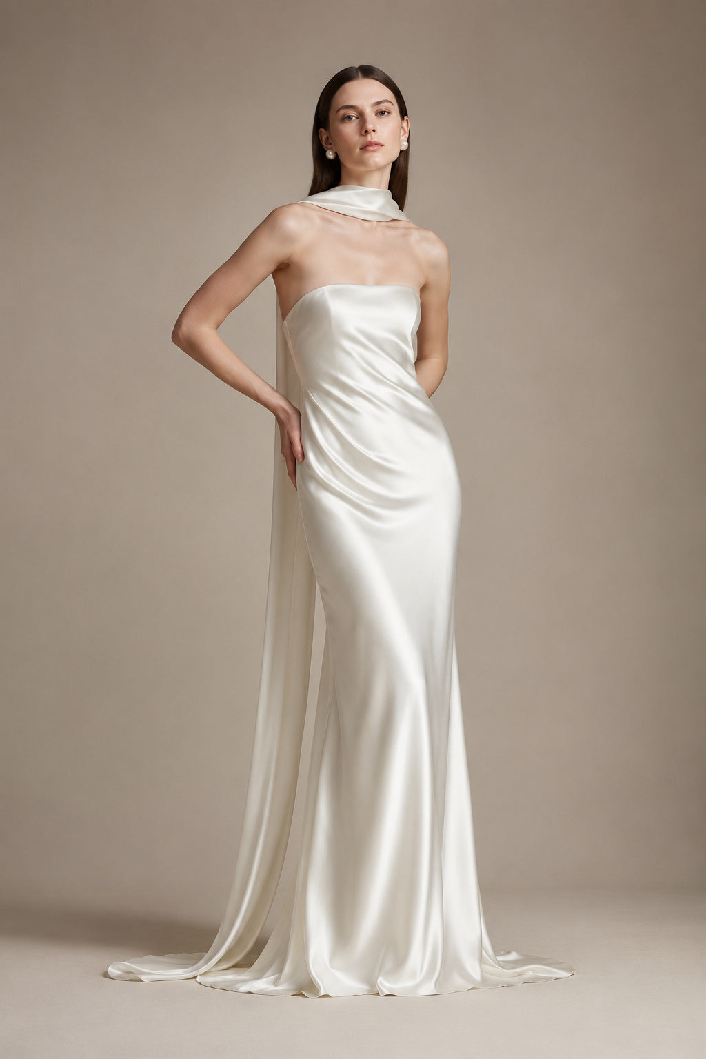 Ivory Halter Satin Sheath Wedding Dress with Scarf Neckline front view