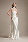 Ivory Halter Satin Sheath Wedding Dress with Scarf Neckline front view