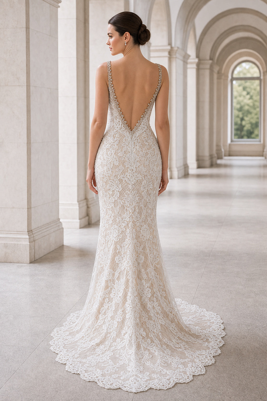 Champagne V-neck Mermaid Lace Floor-length Formal Dress With Lace and Train and Open Back