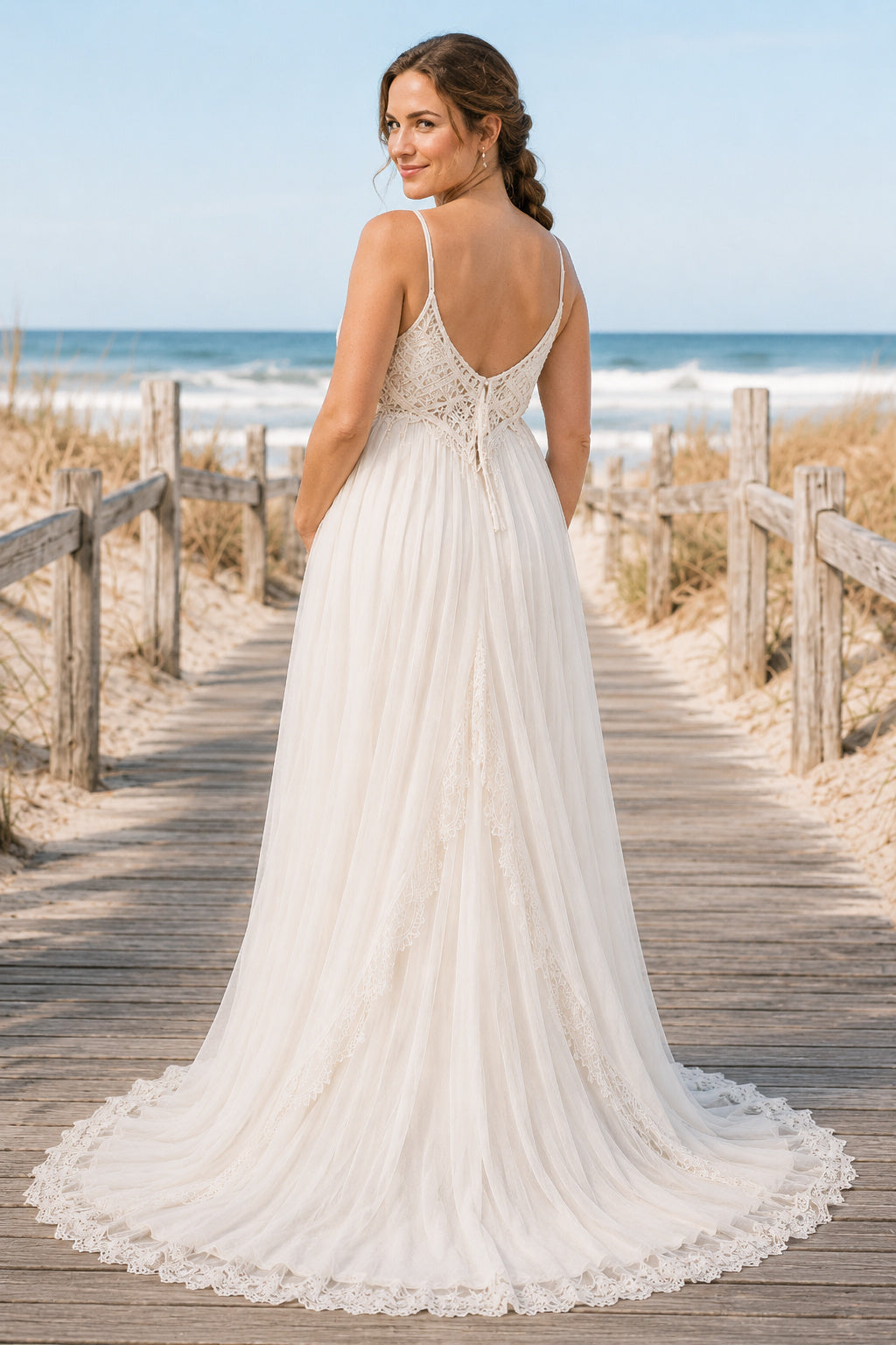 Ivory Spaghetti Strap Maternity Wedding Dress with High-Low Lace Front back view