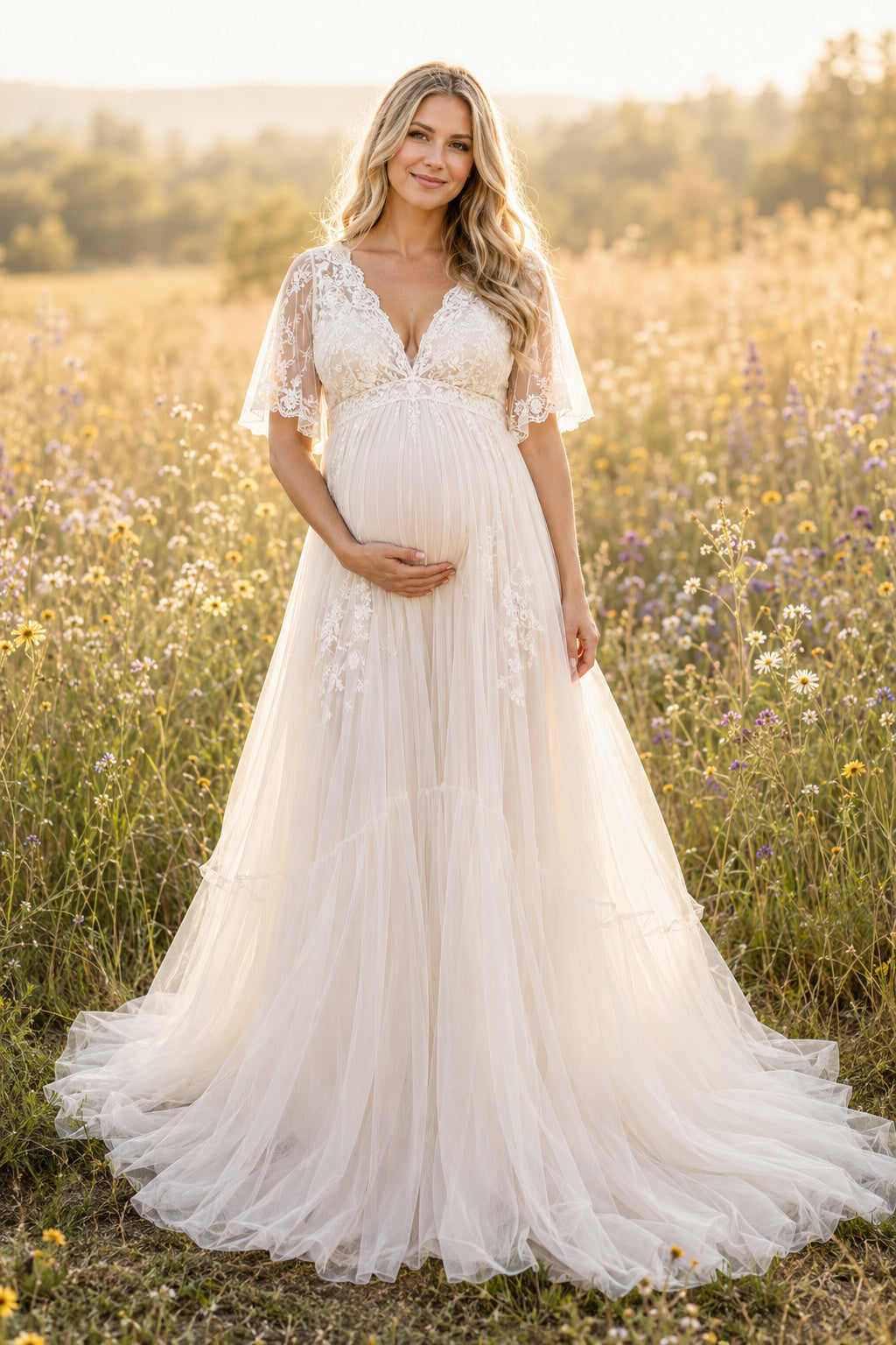 Ivory Maternity V-Neck Flutter Sleeve Lace A-Line Wedding Dress with Full Tulle Train front view