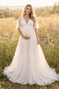 Ivory Maternity V-Neck Flutter Sleeve Lace A-Line Wedding Dress with Full Tulle Train front view