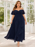 Dark Navy Off Shoulder Flutter Sleeve Chiffon Empire Ankle Guest Dress front view