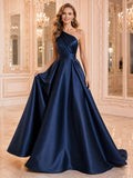 Navy Blue One Shoulder Satin Ball Gown Chapel Train Wedding Dress front view