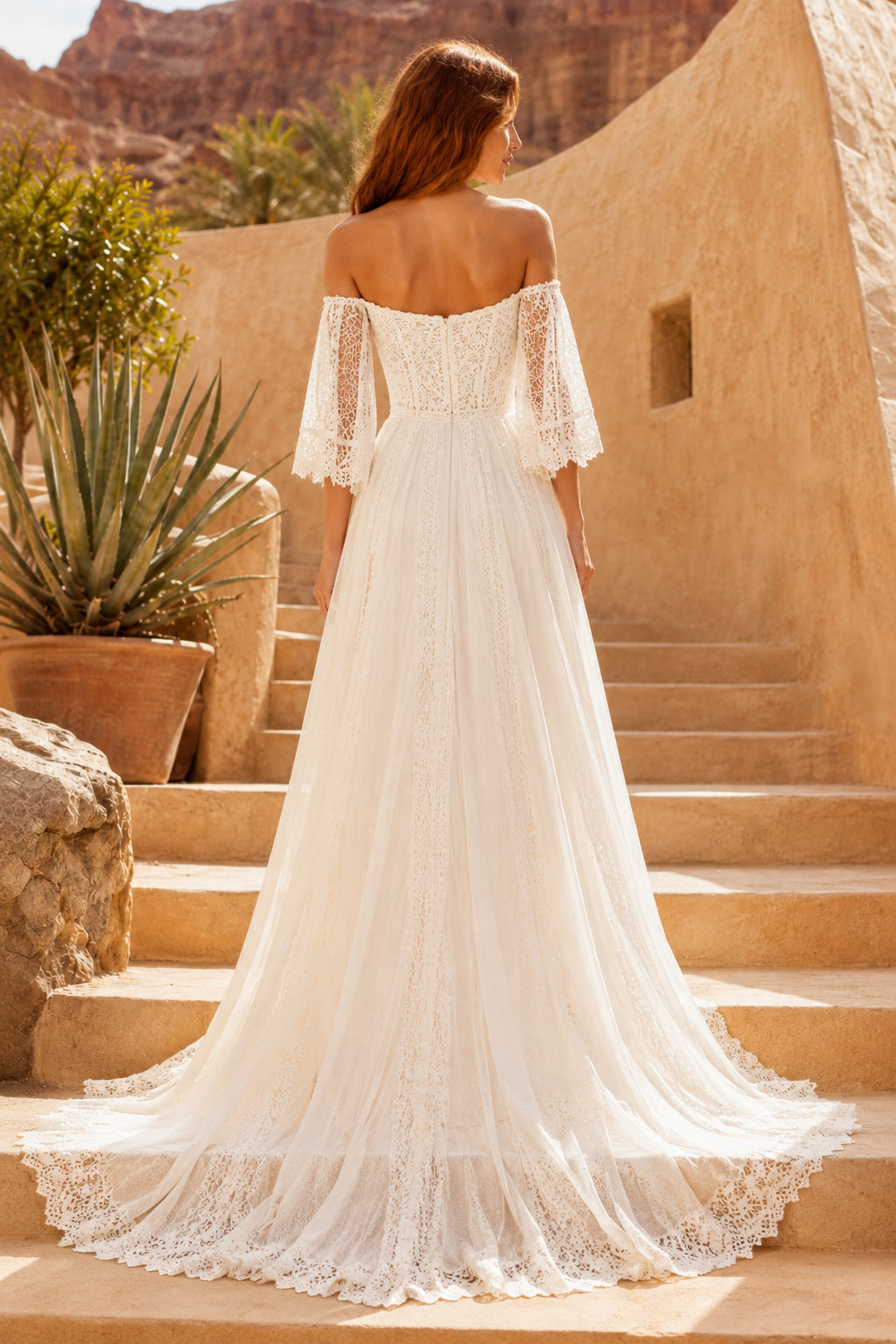 Off the Shoulder Bell Sleeve A-Line Wedding Dress with Lace Bodice and Chiffon Train back view