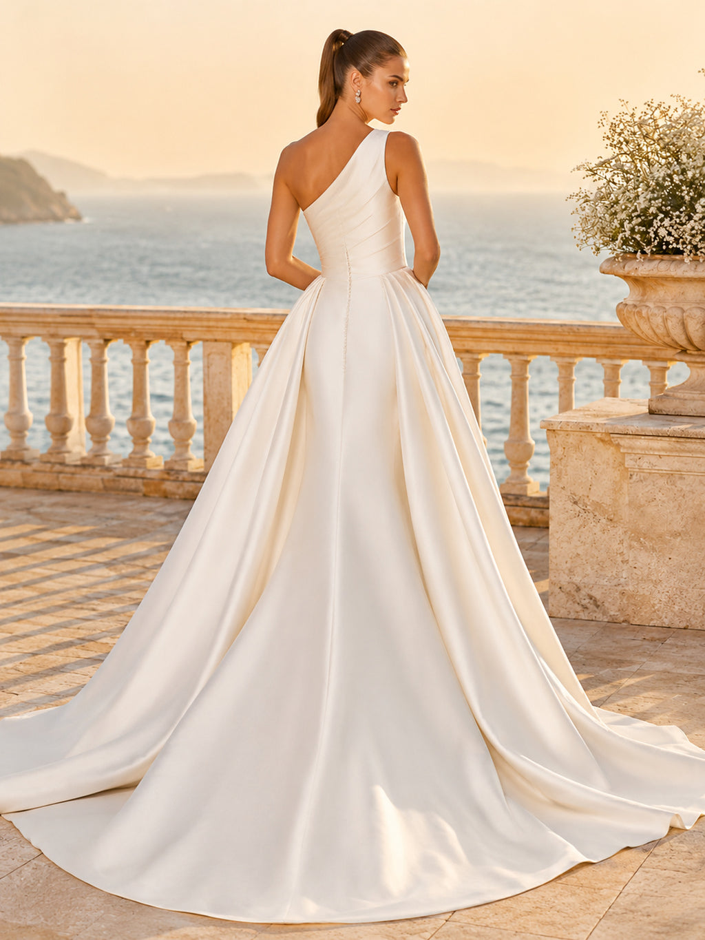 Beach Satin Wedding Dress Mermaid One Shoulder Sleeveless Chapel Train Bridal Gown back view
