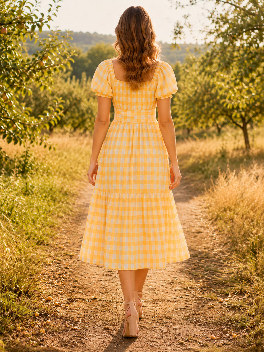 Yellow Gingham Square Neck Puff Sleeve Country Midi Dress back view