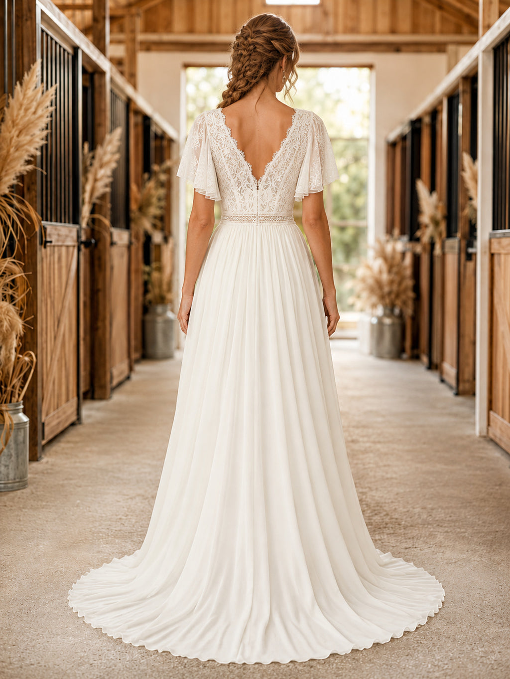 Country Chiffon Wedding Dress A-Line Sweetheart Flutter Sleeve Floor Length Low V Back Bridal Gown back view