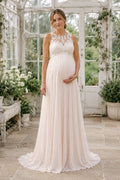 Ivory Maternity High Neck Sleeveless Lace A-Line Wedding Dress with Keyhole Back front view