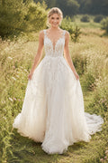 Wedding A-Line Tulle Dress with V-Neck Lace Bodice and Chapel Train Style 720811 front view