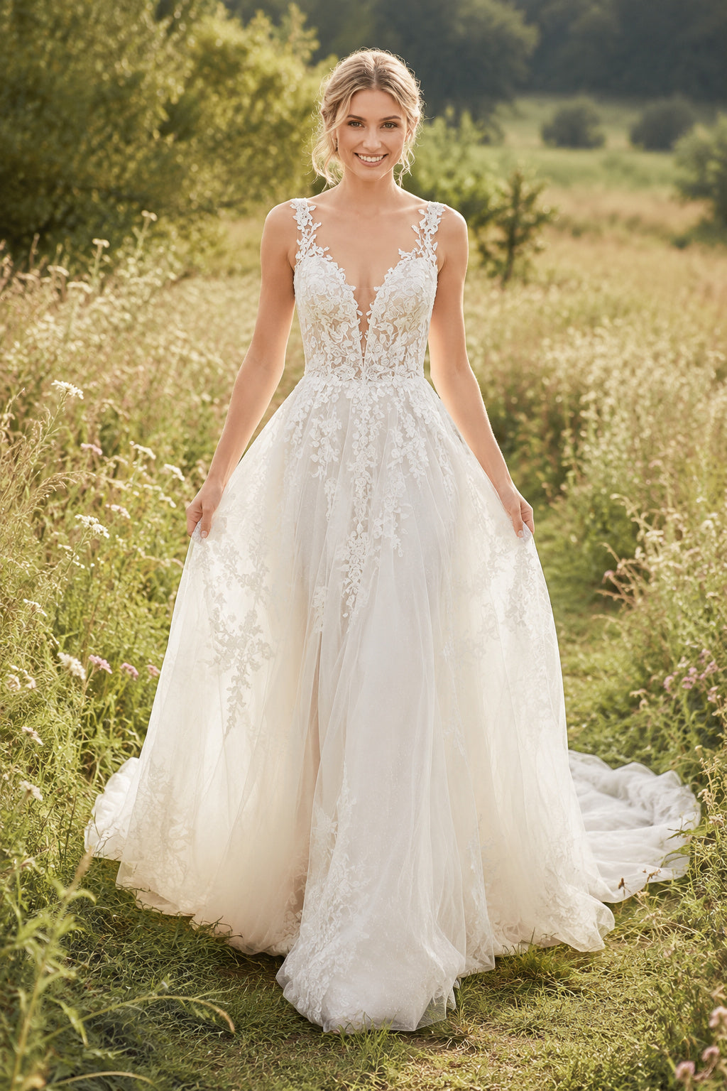 Wedding A-Line Tulle Dress with V-Neck Lace Bodice and Chapel Train Style 720811 front view