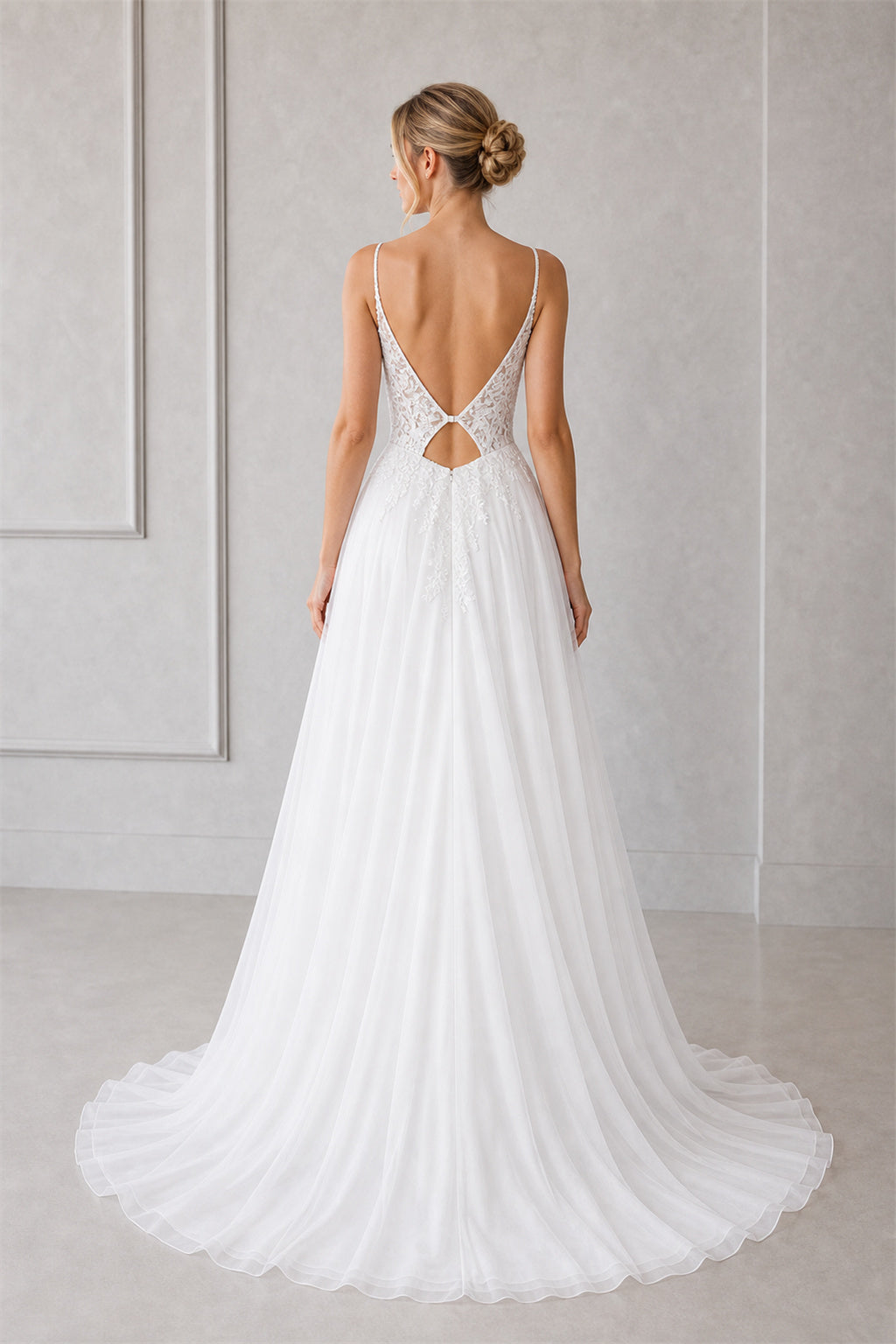 White Illusion Flutter Sleeves A-Line Satin Floor-length Wedding Dress With Layered Skirt and Beaded Bodice
