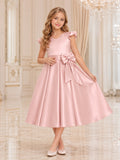 Blush Satin Ruffle Sleeve V-Neck Tea-Length A-Line Flower Girl Garden Wedding Dress With Bow front view
