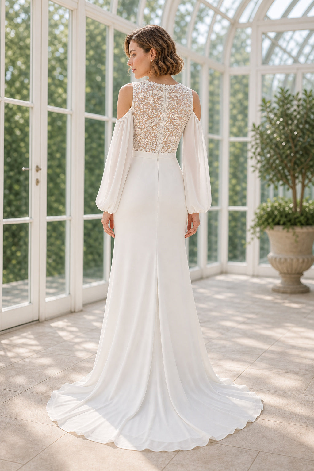 White Halter A-Line Chiffon Floor-length Wedding Dress With Beaded Bodice and Pleated Skirt and Open Back Pearl Detail