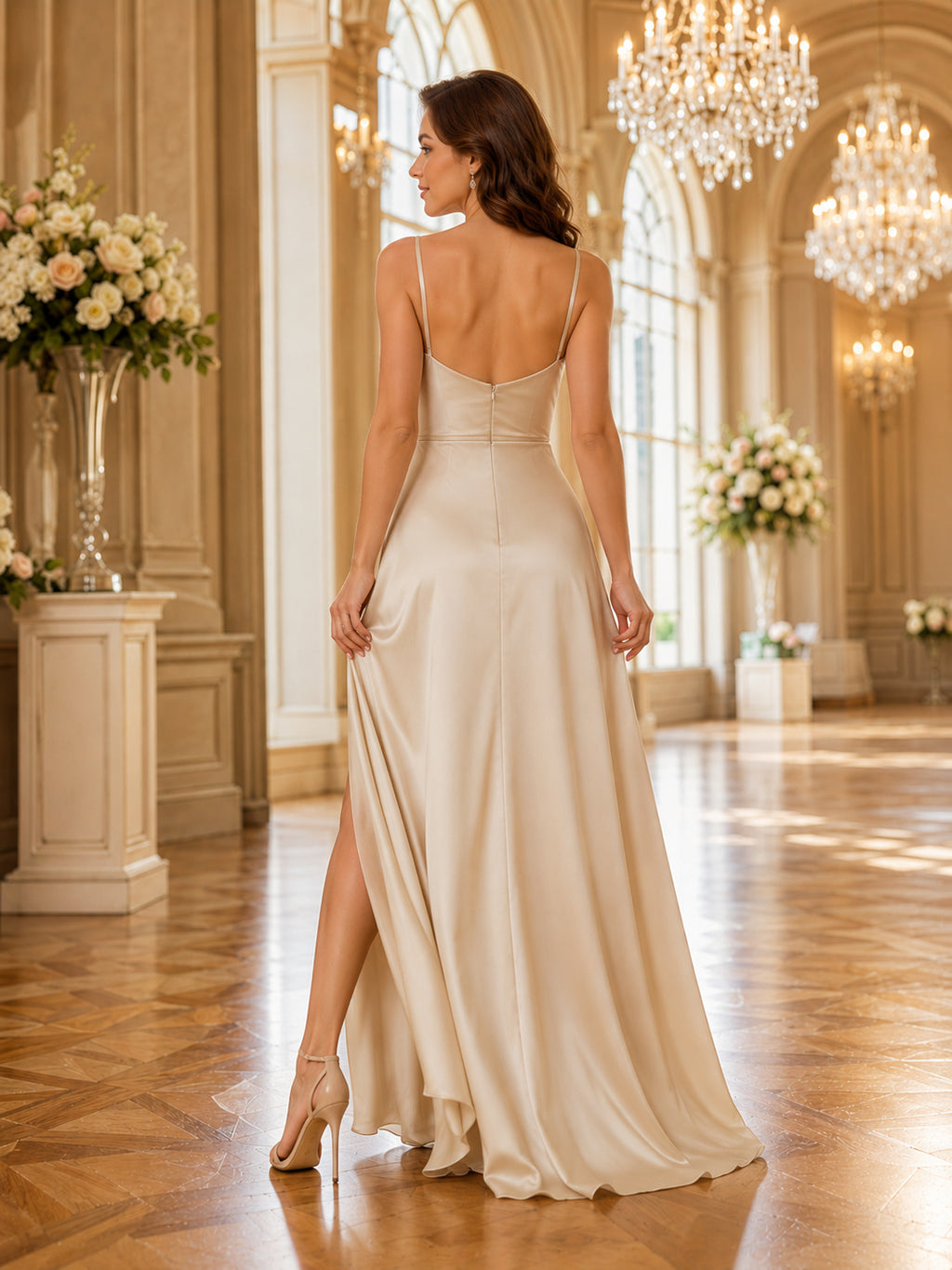 Champagne cowl neck satin A-line bridesmaid gown with slit back view