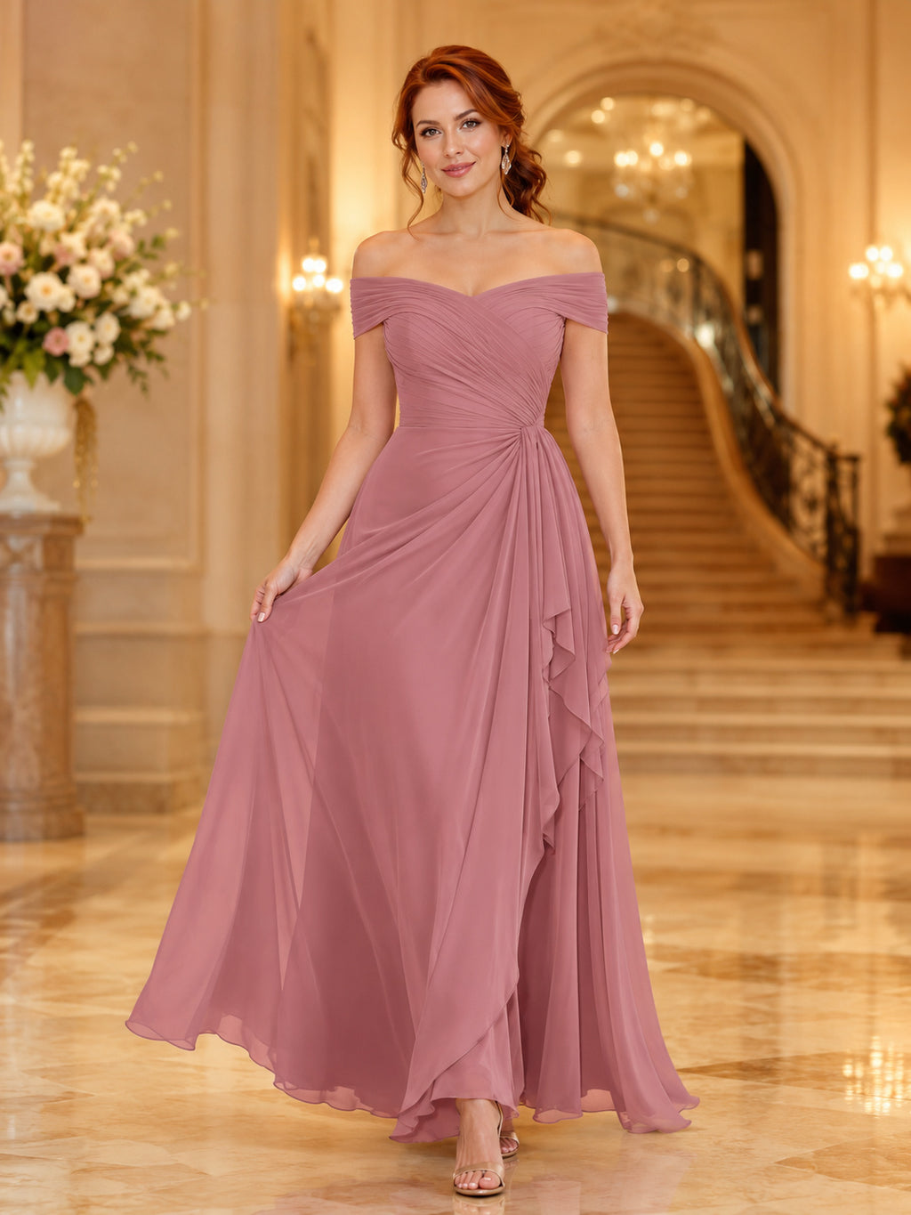 Dusty Rose Chiffon Off-the-shoulder Draped Evening Dress front view