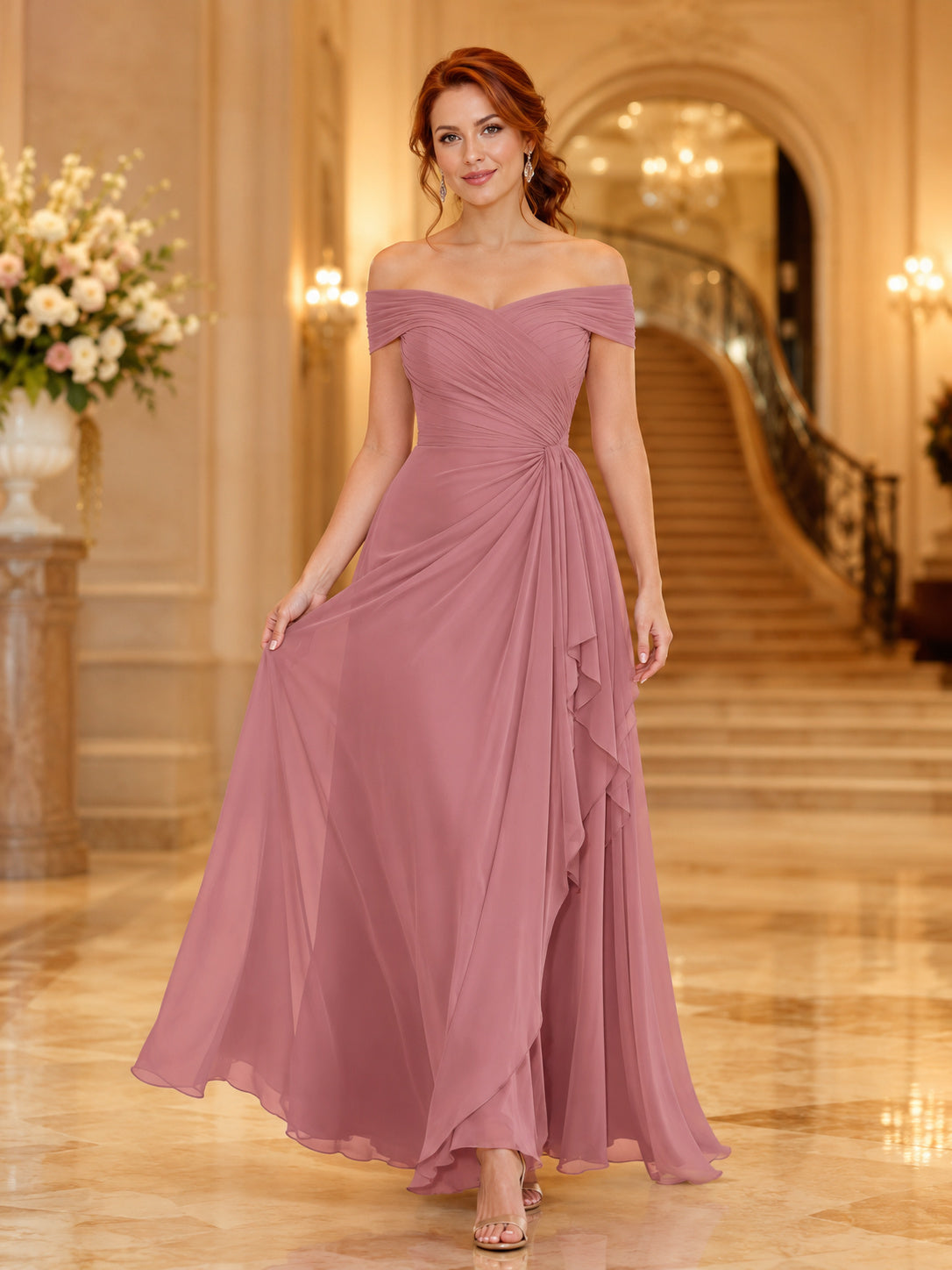 Dusty Rose Chiffon Off-the-shoulder Draped Evening Dress front view