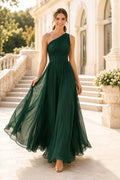 Dark Green One-Shoulder Chiffon A-Line Bridesmaid Dress with Pleated Bodice front view