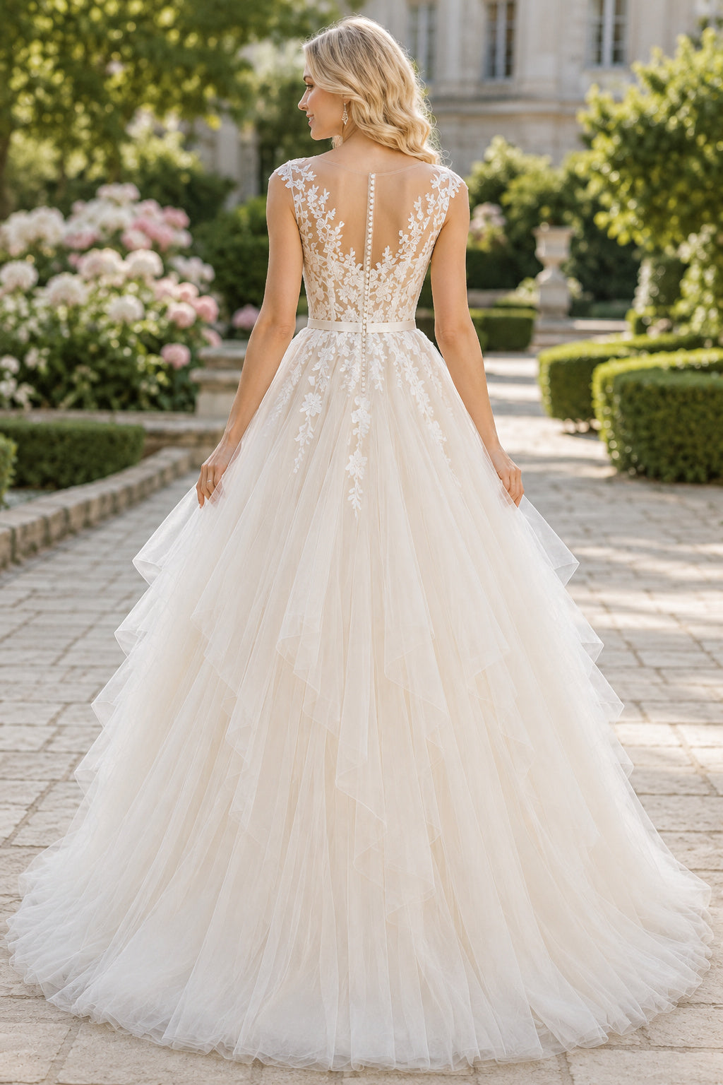 Ivory Lace Applique Ball Gown with Spaghetti Straps and Full Tulle Skirt Floor Length And Sweep/Brush Train Ball Gown Wedding
