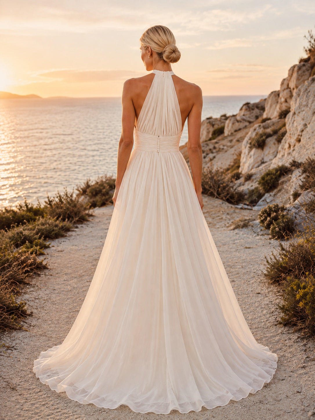 Beach Chiffon Wedding Dress A-Line Halter Sleeveless Floor Length Bridal Gown Style 722594 back view