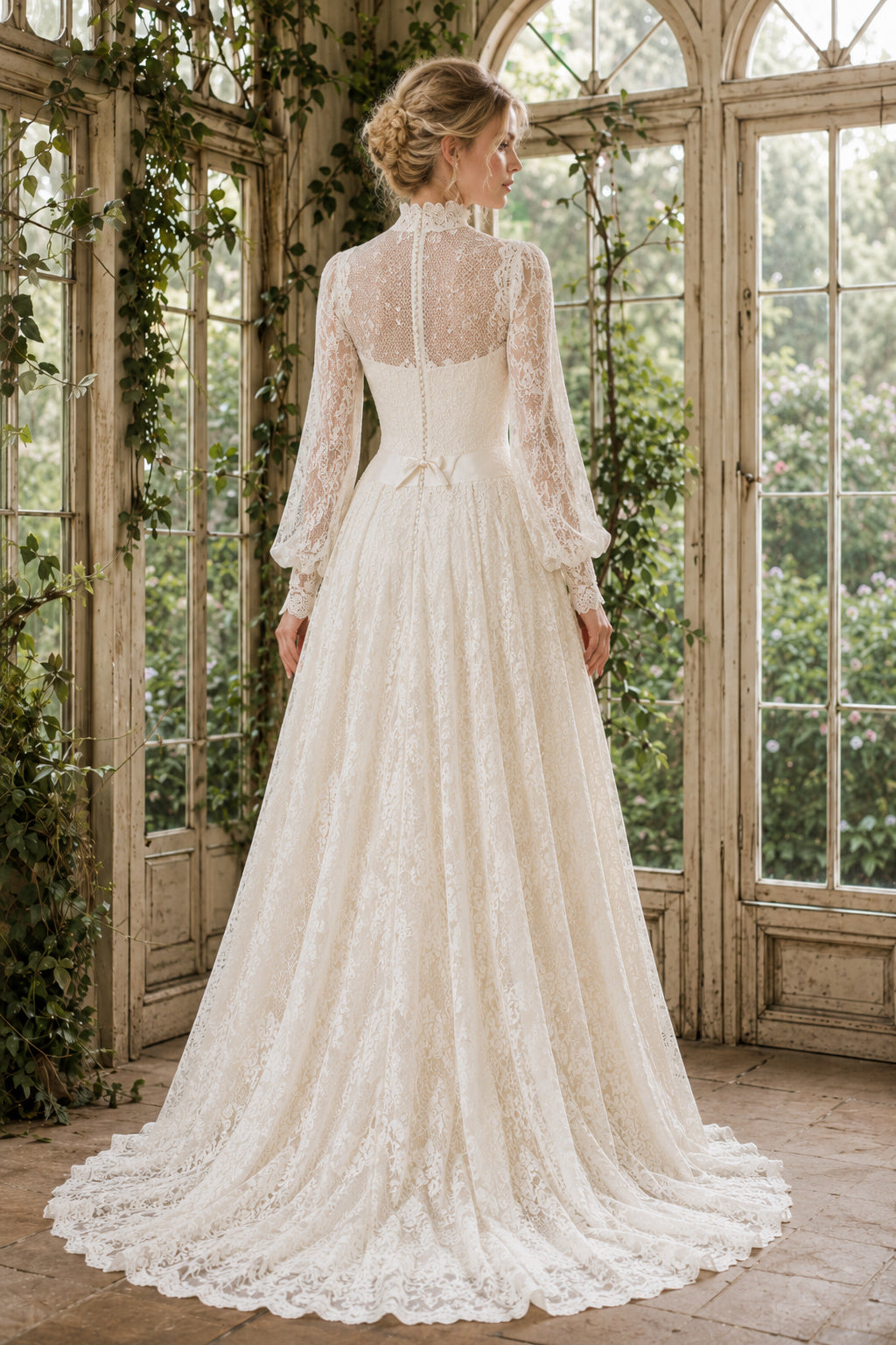 Ivory High Neck Long Sleeve Lace A-Line Wedding Dress Train for Wedding Ceremony and Reception Style MG_701481 back view