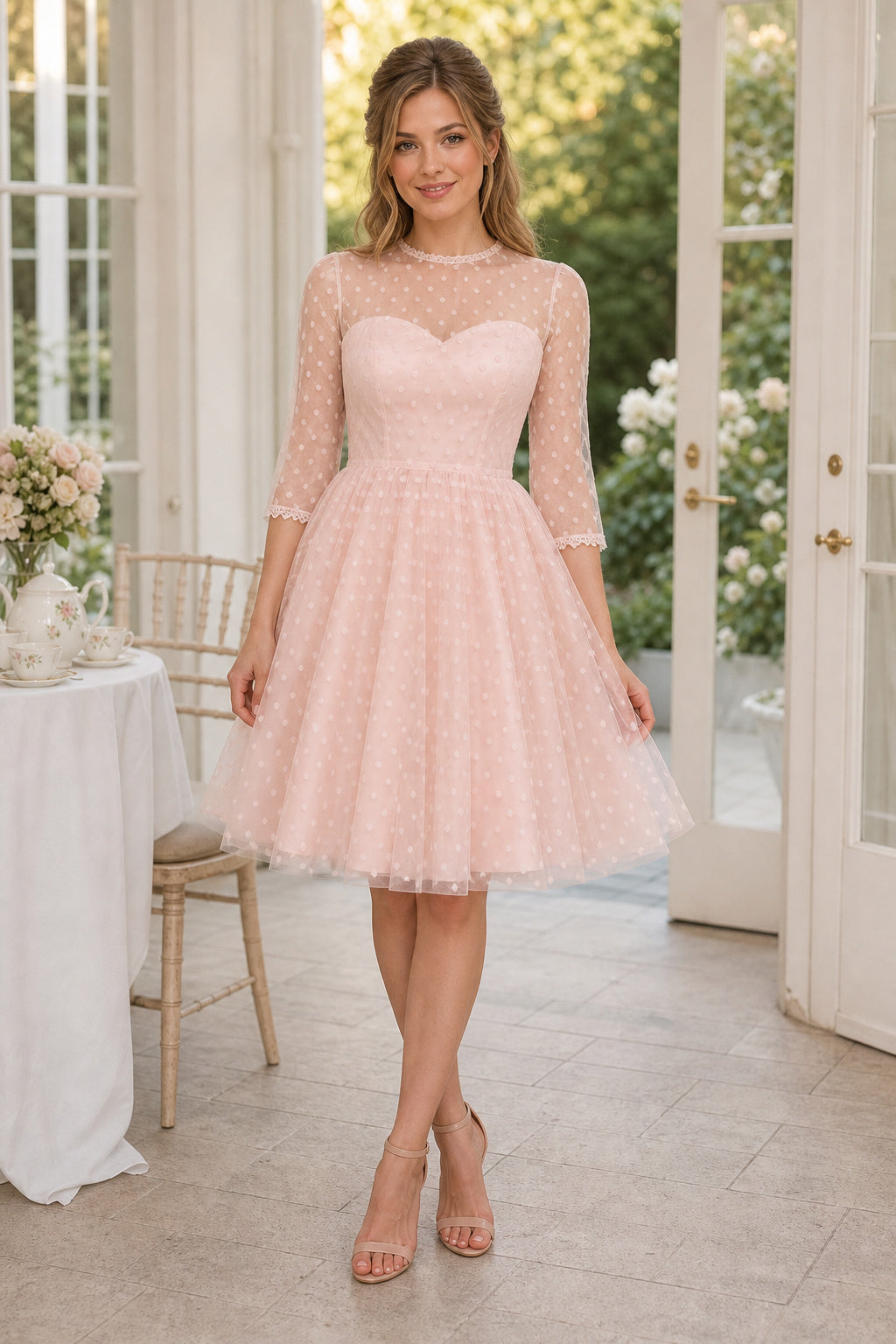 Blush Bateau Long Sleeve A-Line Tulle Tea-Length Dress With Lace Bodice