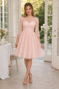 Blush Bateau Long Sleeve A-Line Tulle Tea-Length Dress With Lace Bodice
