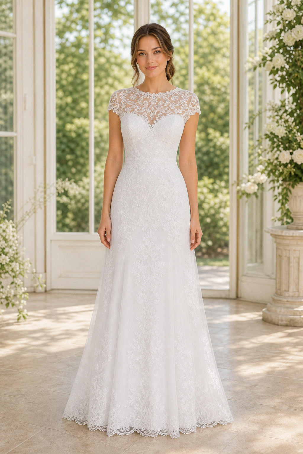 White Square A-Line Lace Floor-length Wedding Dress With Lace and Beaded Bodice and Open Back Lace Hem Detail