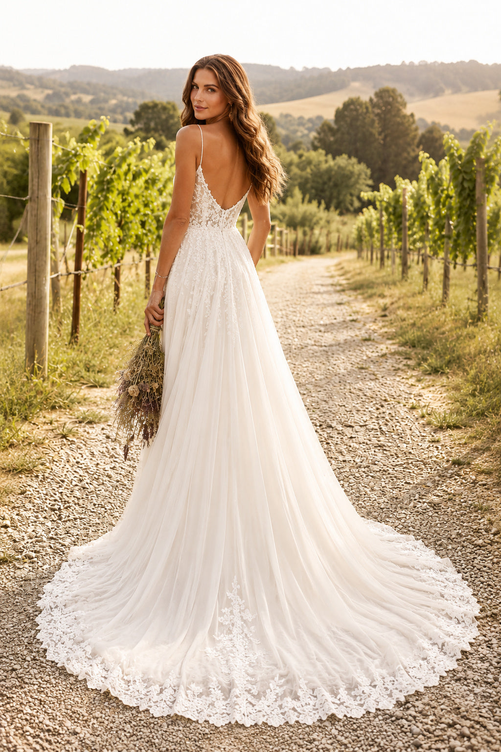 Simple Spaghetti Strap V-Neck A-Line Wedding Dress with Chiffon Skirt and Train for Rustic Garden Ceremony back view