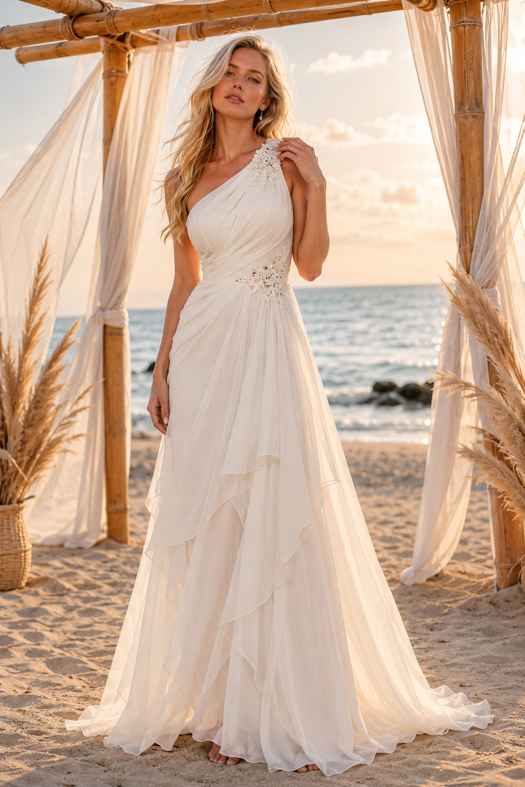 Ivory One Shoulder Draped Chiffon A-Line Wedding Dress Train for Bridal Ceremony and Reception front view