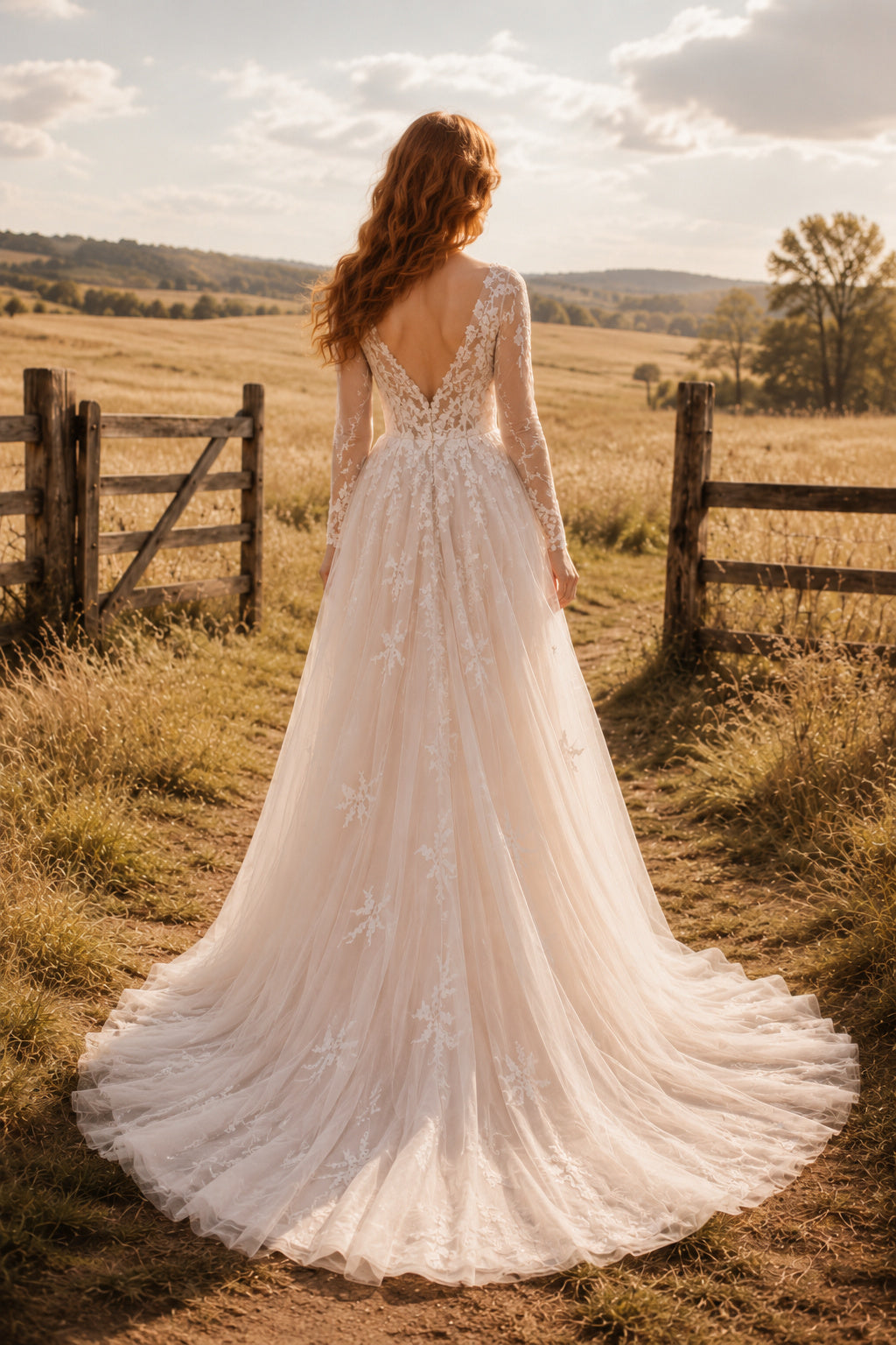 Deep V A-Line Wedding Dress with Floral Appliques and Lightweight Tulle Train for Rustic Garden Ceremony back view