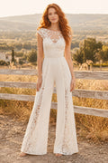 Ivory Illusion Jewel Neck Cap Sleeve Lace Satin Floor-Length Bridal Jumpsuit with Lace Side Panels and Cap Sleeve Bodice fron