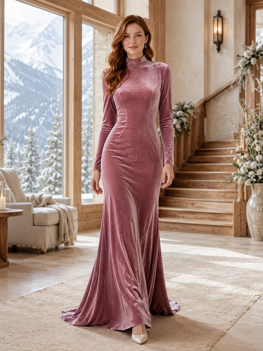 Vintage Mauve Jewel Neck Long Sleeve Velvet Sheath Sweep Wedding Dress front view